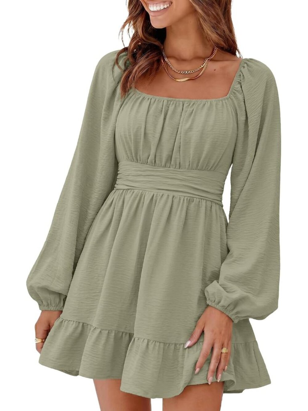 Vintage Lantern Sleeve Mini Dress with Open Back and Tie Waist